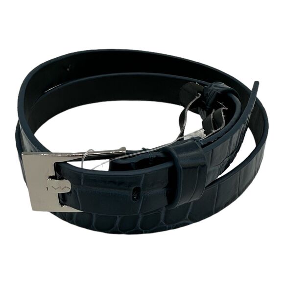 VIA SPIGA Blue Italian Leather Belt Crocodile Print Shiny Silver Buckle Size M - Picture 1 of 12